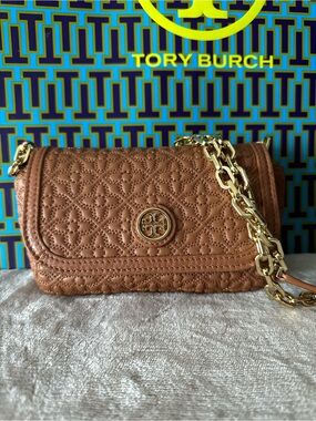 Tory Burch Quilted Leather Chain Crossbody in Cognac Brown